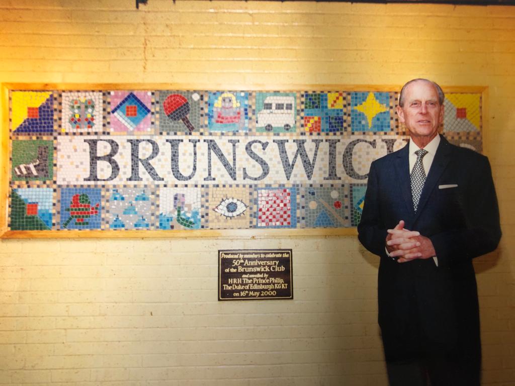 Prince Philip in front of The Brunswick Club 50th Anniversary celebratory mosaic,May 2000